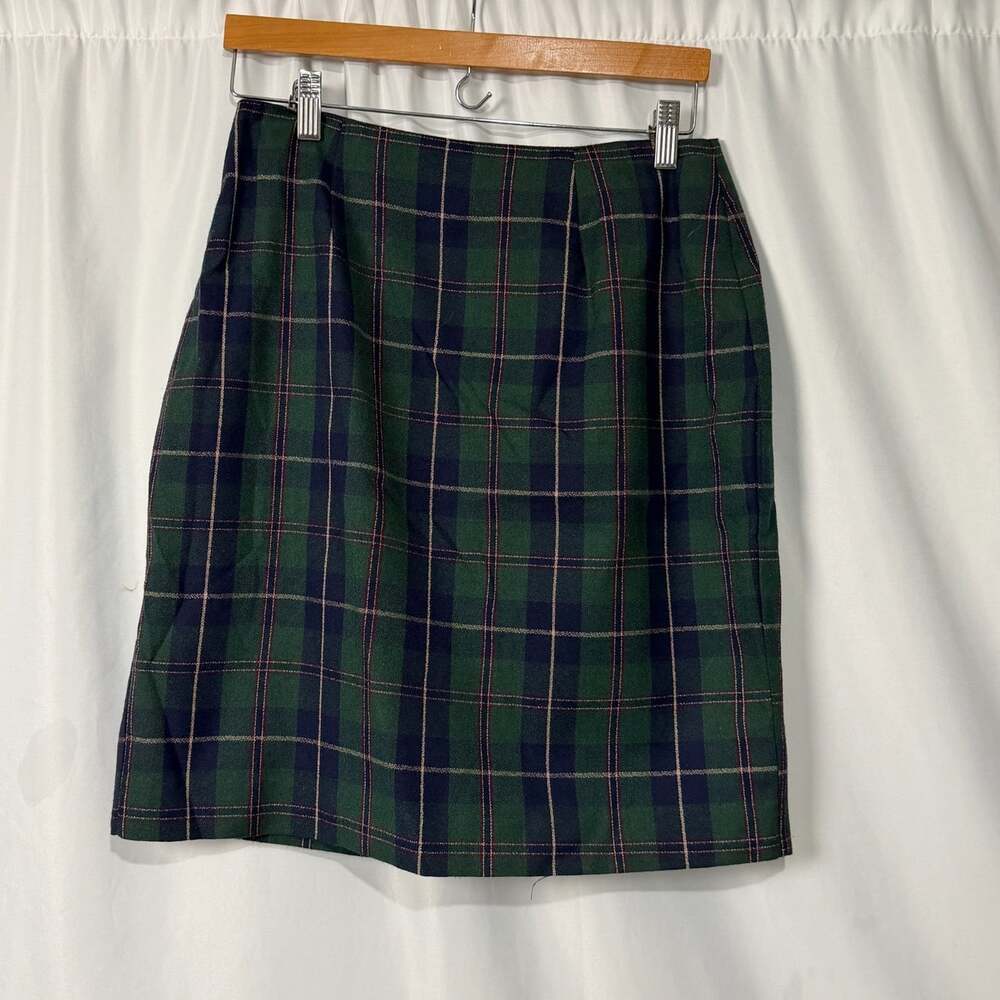 Christy Girl Green Plaid Polyester Pencil Mini Skirt Size 12 Vintage